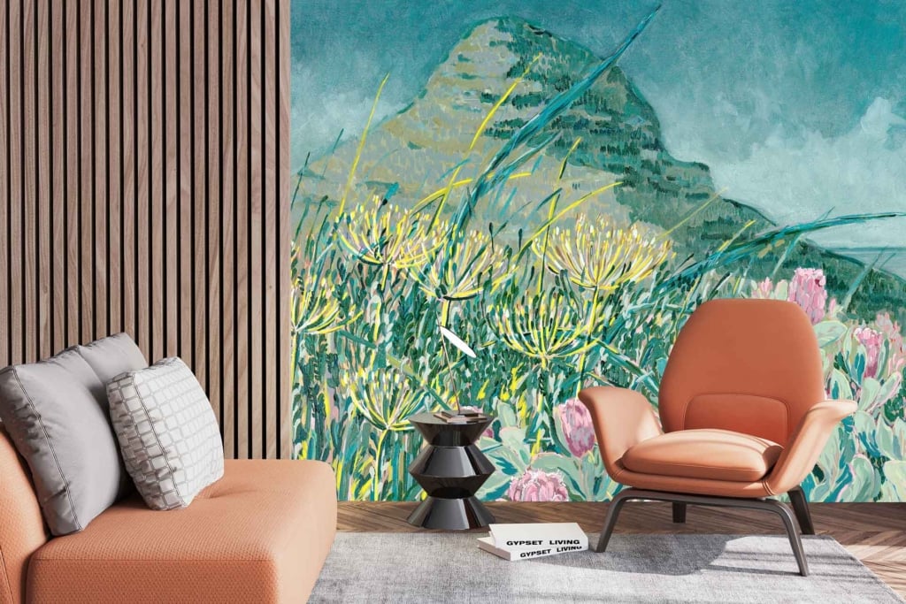 Lush green hillside, yellow flowers, blue sky, natural beauty mural.
